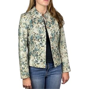 VINTAGE LEATHER BLUE FLORAL BUTTON DOWN COTTAGE CORE STAND JACKET SIENA STUDIO